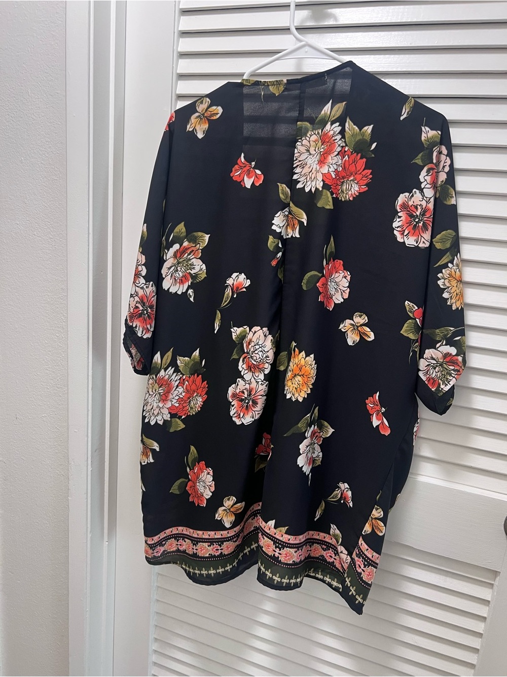 Liberty Love Black Floral Open-Front Kimono with Coral & Cream Blooms
